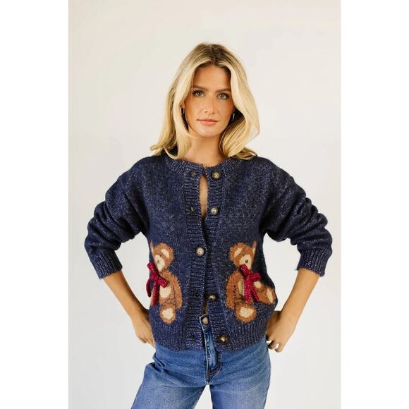 Sofie The Label Sweaters - Sofie The Label Teddy Cardigan Sweater Navy Blue Botton Front Women’s Sz Medium
